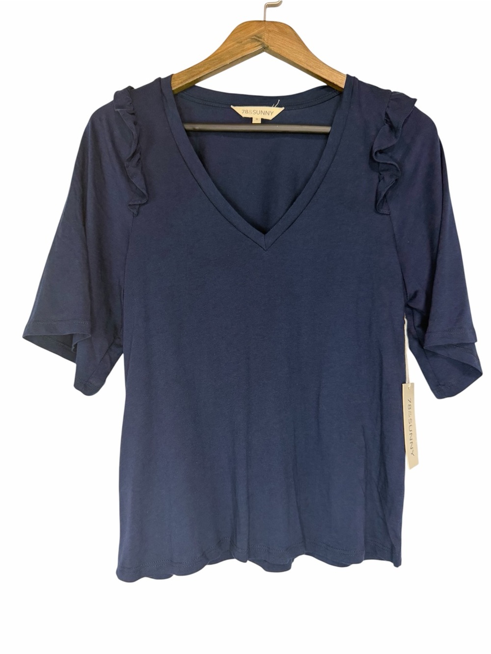 NWT 78&Sunny Indio Short Sleeve Ruffle Tee size Medium Navy Blue V-Neck Top